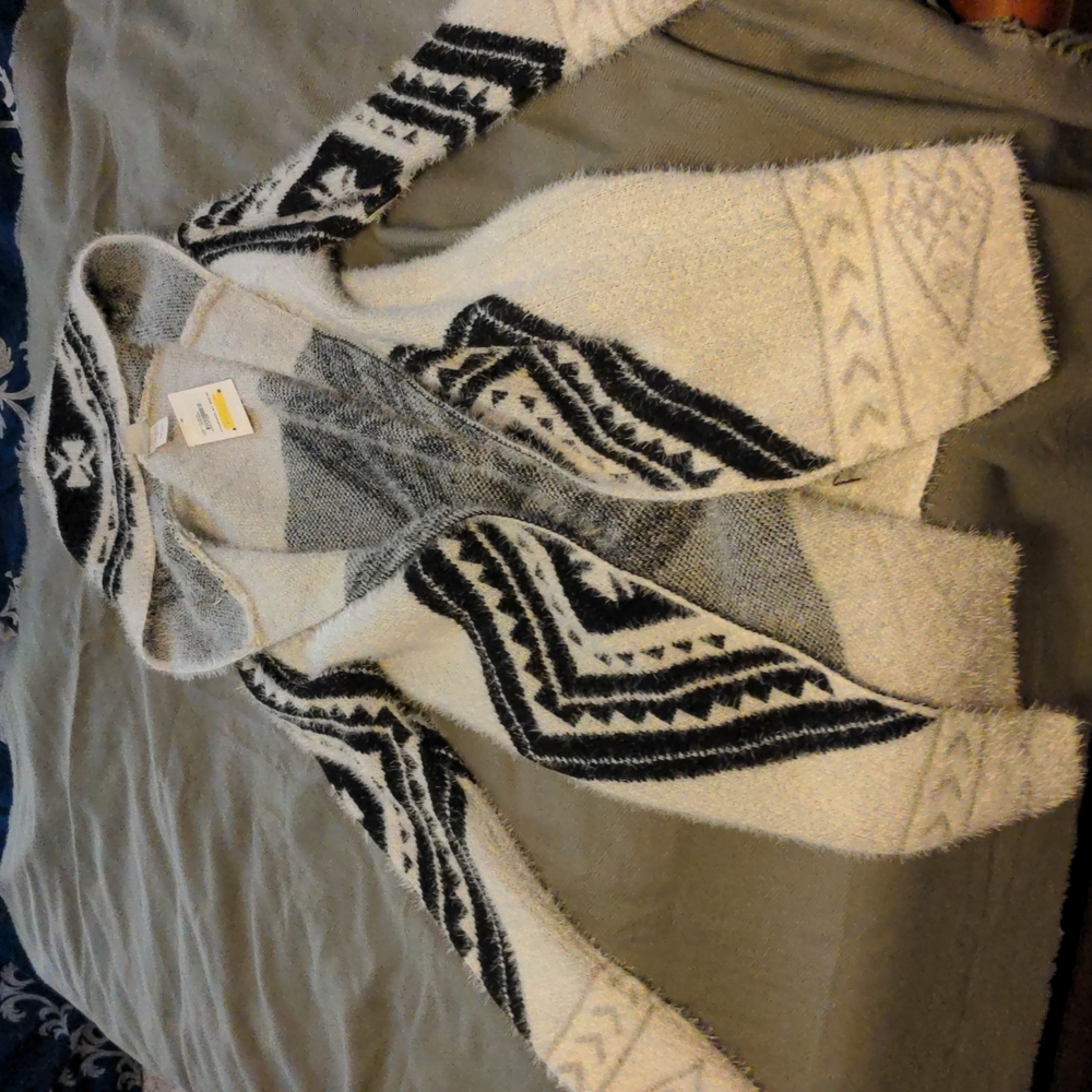Black and white long hooded sweater